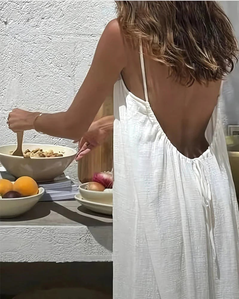 Robe fluide dos nu décolleté en tissu le lin